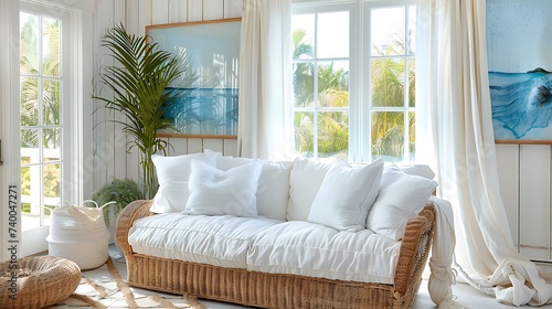 A coastal inspired guest room with a wicker sofa in white, evoking a breezy and relaxed atmosphere