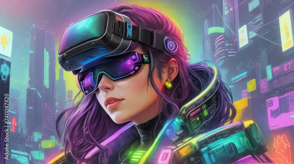 Girl wearing virtual reality glasses in a fantasy city of the future, cyberpunk illustration. AI generative. Girl wearing virtual reality glasses in a fantasy city of the future, cyberpunk illustration. AI generative.