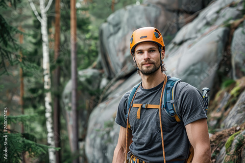 man wearing in climbing equipment standing in front of a stone rock outdoor and preparing to climb