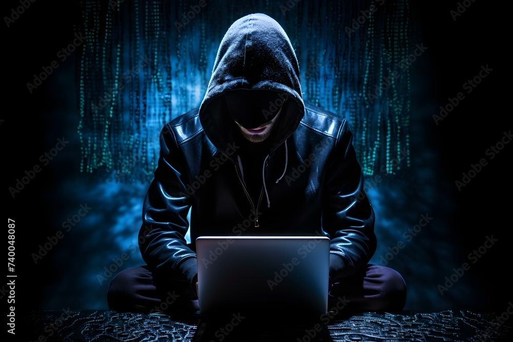 Hacker types on computer symbolizing cybercrime and dark web. Concept ...