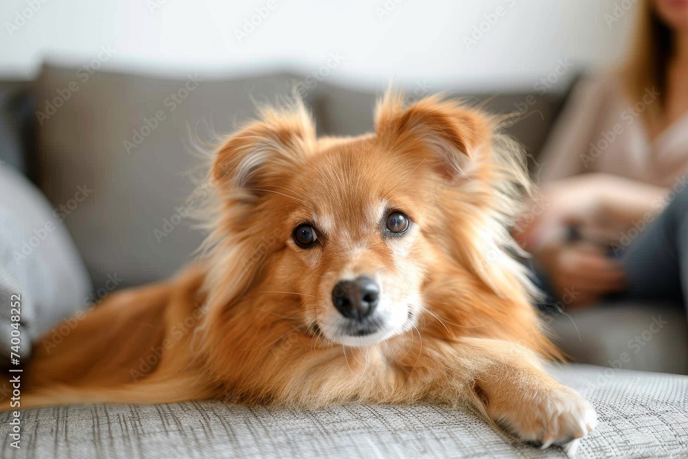 A contented canine lounges on a plush sofa, basking in the affection of its adoring owner, while the warm hues of the room enhance its rich brown coat