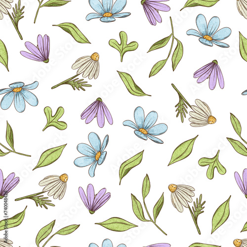 Hand Drawn Cute FloralSeamless Pattern, Pencil style sketch art illustration
