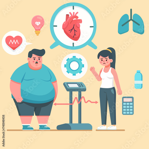 The image shows a cartoon illustration of a man who is overweight next to a woman on a scale. There are various health icons around them.