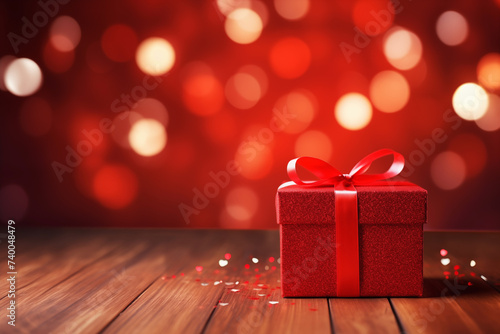 Red gift box with lights bokeh on wood background