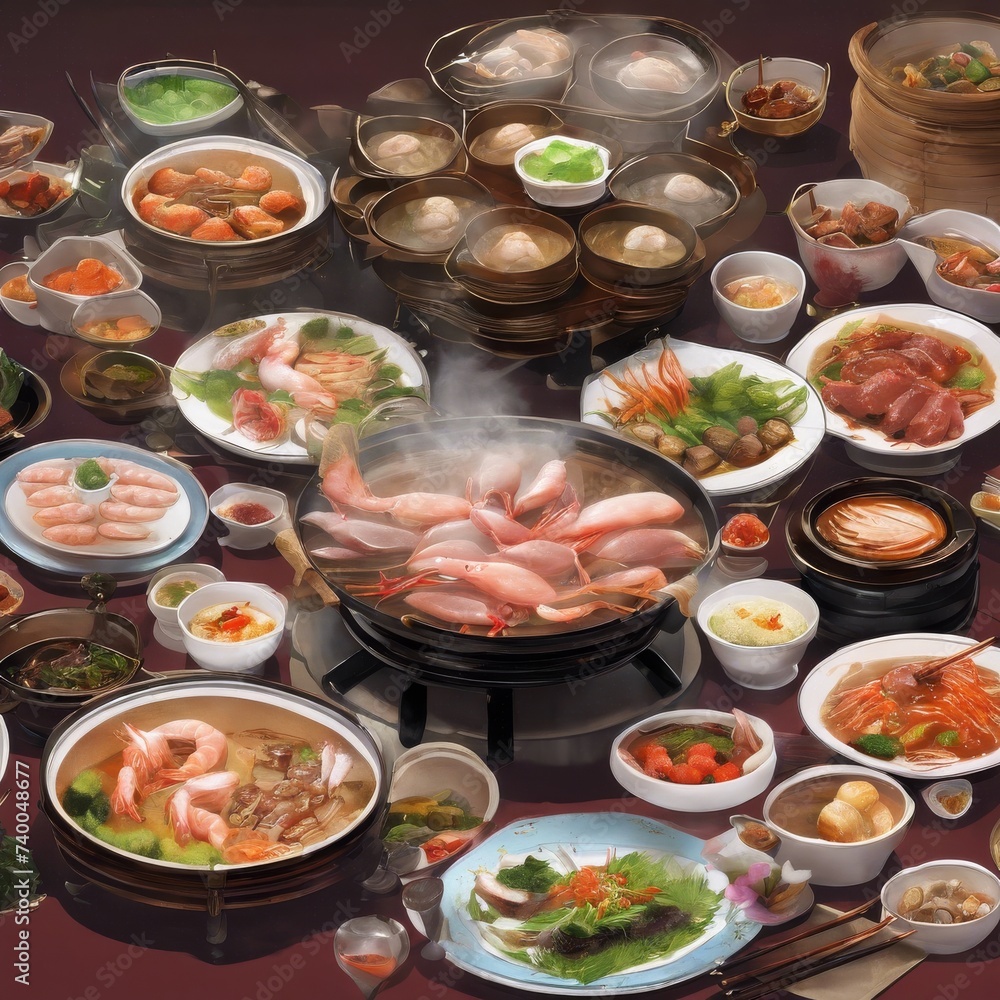 Chinese cuisine featuring an array of traditional dishes including dim sum, Peking duck, and hot pot, garnished with fresh vegetables and herbs