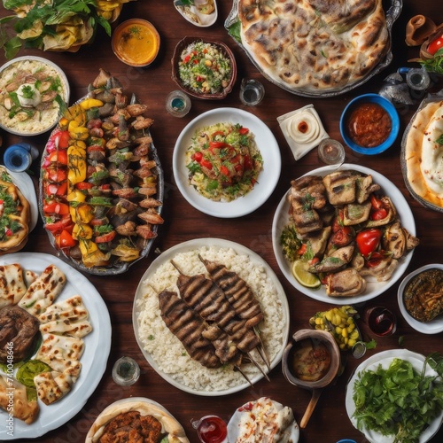 Traditional Turkish Cuisine Featuring Kebabs, Meze, and Baklava on a Rustic Table, rustic, meal, rice, bread, grilled
