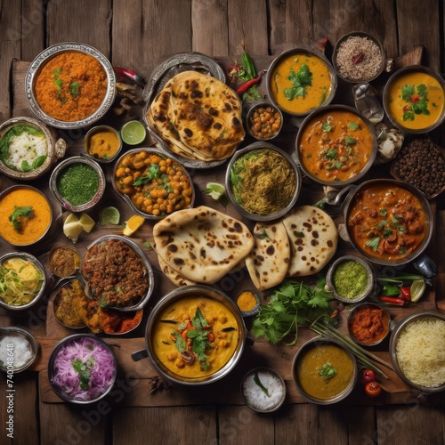 Indian cuisine spread featuring various traditional dishes, spices, and cooking ingredients on a rustic wooden table photo