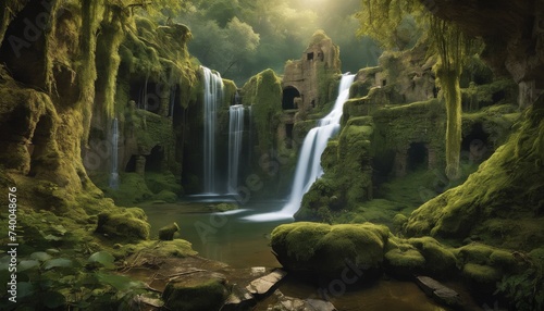 Enchanted Forest with a Majestic Waterfall, Luminescent Flowers, and Mythical Creatures Roaming Amidst Mystical Ruins, destroyed, enchanted, trees, moss, harmony, magic