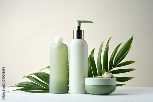 Collection of green cosmetics packaging and skincare, lotion for face on white background. © Nuttima