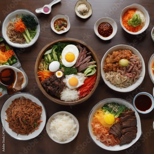 Traditional Korean Dishes Featuring Kimchi, Bibimbap, and Korean BBQ on a Festive Table, mixed, rich, meal