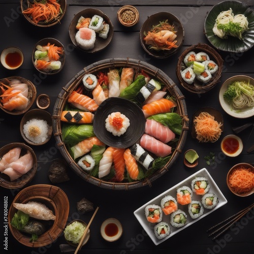 sushi, dumplings, noodles, culinary, asian, avocado, food, platter, salmon, tradition, bamboo, steaming, tuna, green, onion, ginger, wasabi, glistening, vibrant, delicate, feast,