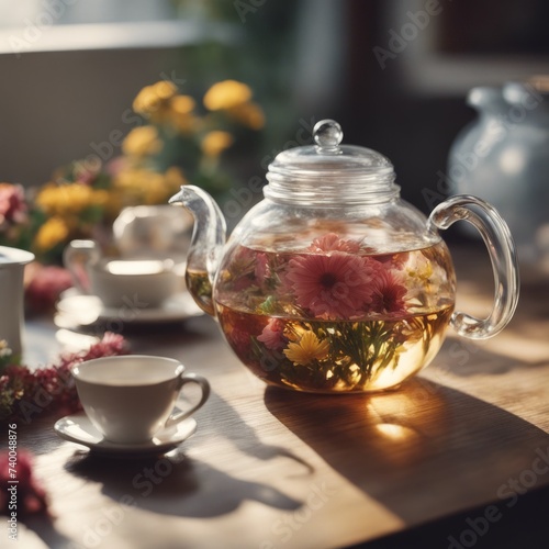 teapot, flower, transparent, drink, water, herb, herbal, oriental, brew, tea, glass, cup, traditional, ceremony, no people, flowers, ,color image, blooming,