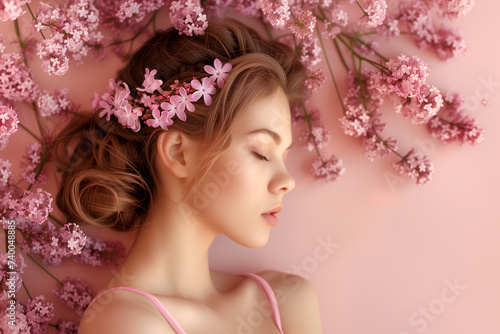 beautiful young woman with flower on head - banner for sale cosmetics