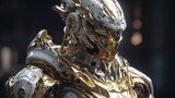 an alien in armor made of unknown metals