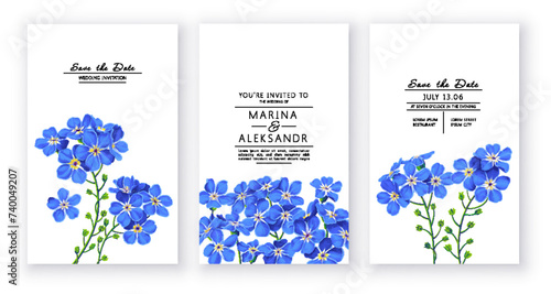 Spring, trendy, greeting or invitation card, template design with forget-me-not flowers in realistic style with high detail. Hand drawn, vector poster, card, cover, party, or social media template
