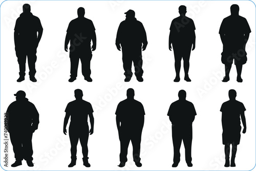 Black silhouettes of Overweight men, Set of fat men isolated on white, Silhouettes of overweight people, Overweight Man Vector Illustration