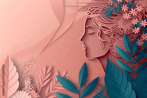 the face of a delightful girl surrounded by flowers, made in the style of cut paper. beautiful illustration with space for text. for international women's day