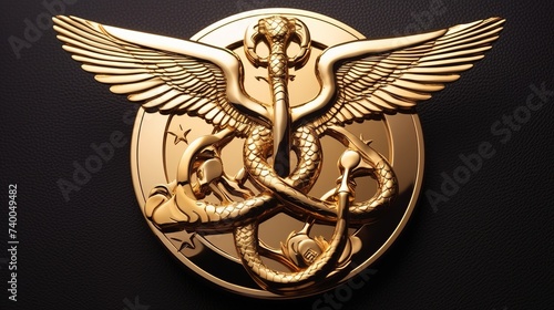 Hermes Caduceus cast in gold on a black background photo