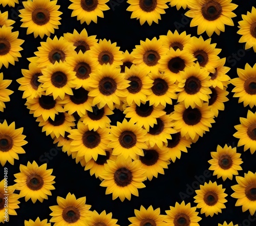 Multiple sunflowers arranged in a heart shape on a black background