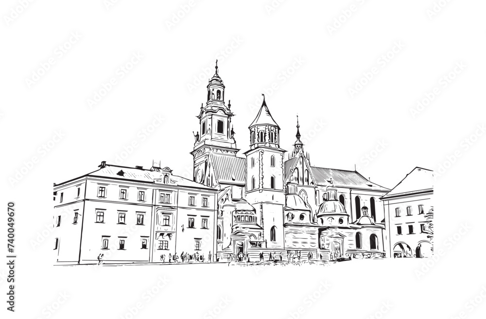 Landmark building view of Krakow in 2024. Hand drawn sketch illustration in vector.