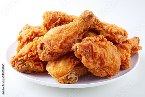 pile of crispy fried chicken on a white plate isolated on white background