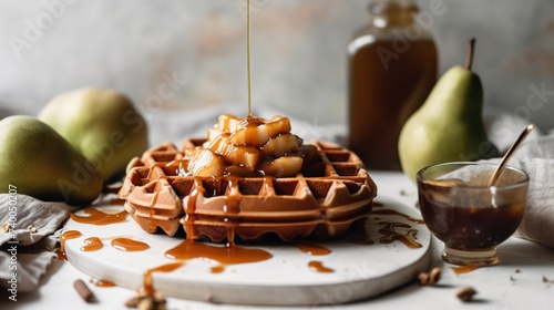 Belgian waffles with caramel and pear