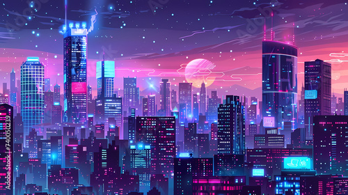 Neon Twilight Skyline for Futuristic City Landscape
