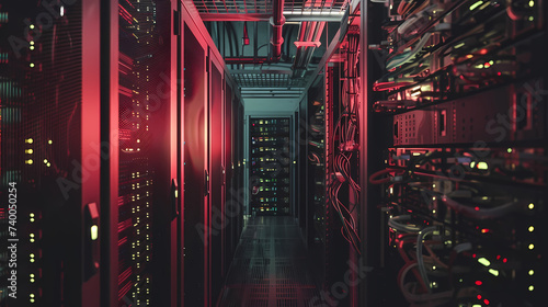 Data Center Corridor With Illuminated Server Racks