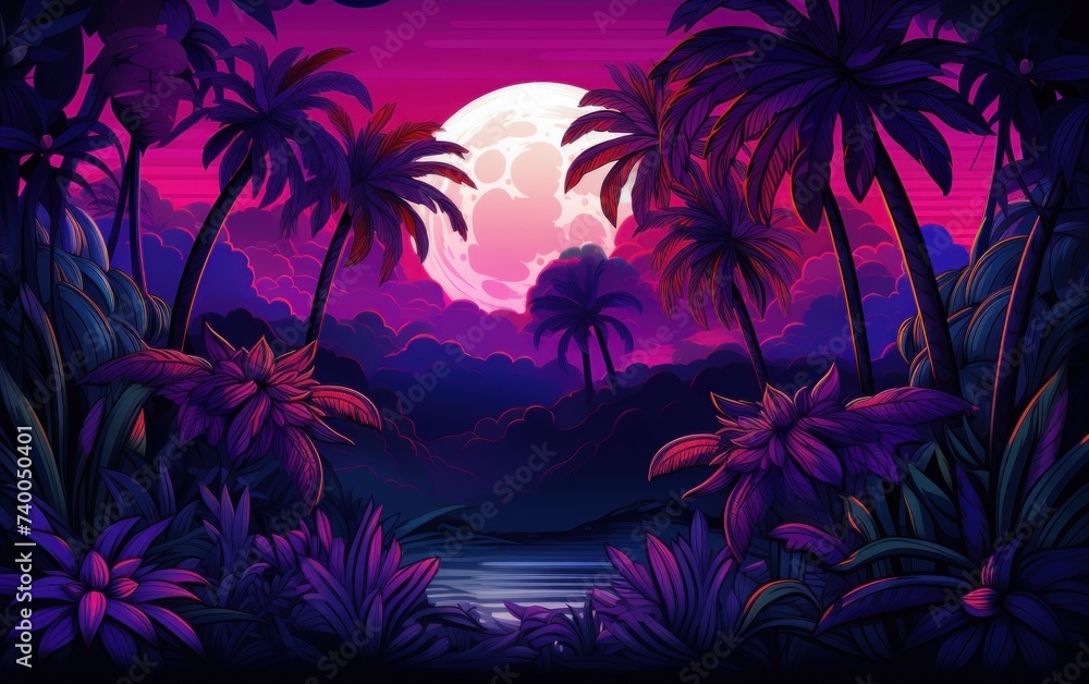 Dark navy and violet sunset landscapes background illustration