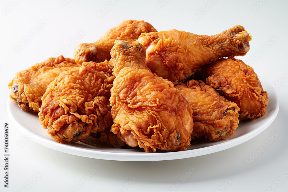 pile of crispy fried chicken on a white plate isolated on white background pile of crispy fried chicken on a white plate isolated on white background