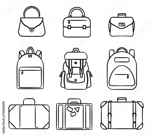 Bags icons. Luggage icon, women's bags, briefcases and backpacks.