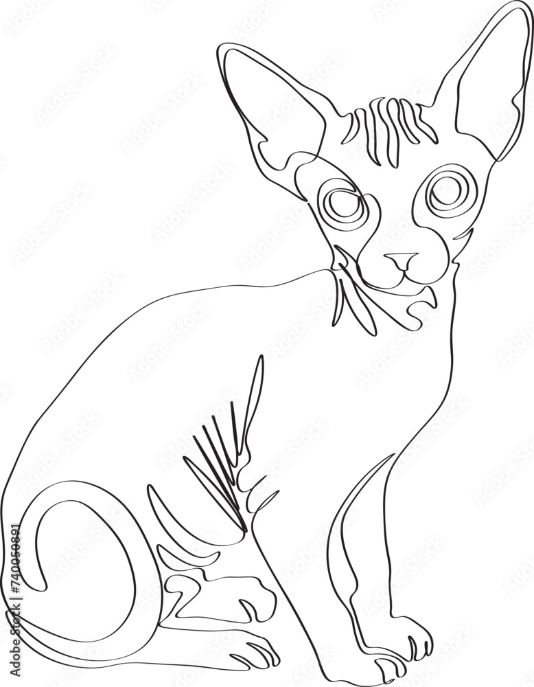 One continuous single drawing line art flat doodle kitten, beautiful, pet, background, animal, young, skin, feline, sphinx, hairless. Isolated image hand draw contour on a white background