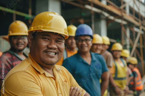 engineer man smiling in diverse group of team on construction site