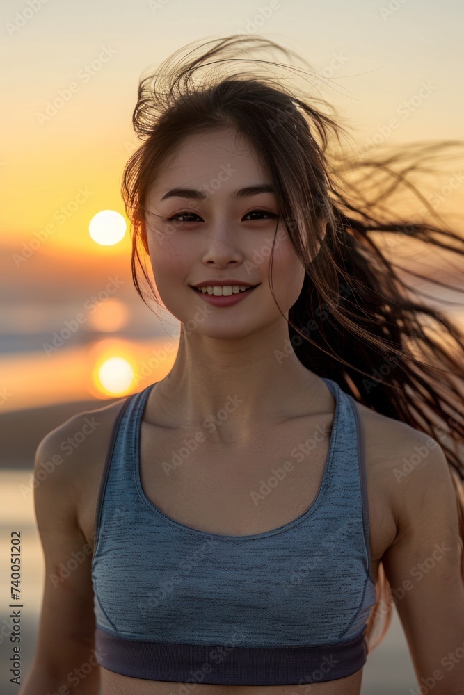 Asian woman running on beach at sunset, fitness workout.