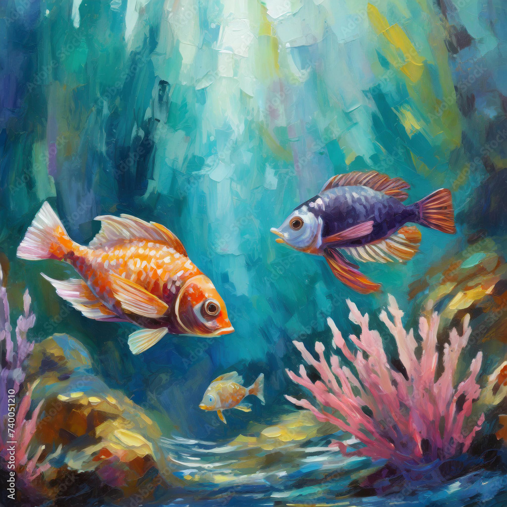 Nature, marine life, art, animals, graphic resources concept. Colorful sea life gouache or oil painting background illustration with copy space