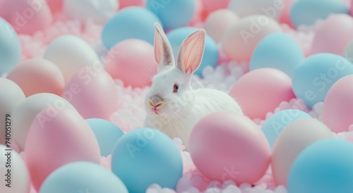 a white rabbit is standing in a crowd of pink and blue eggs
