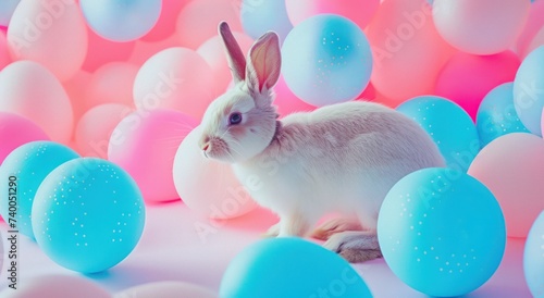 an easter rabbit stands next to some blue and pink eggs
