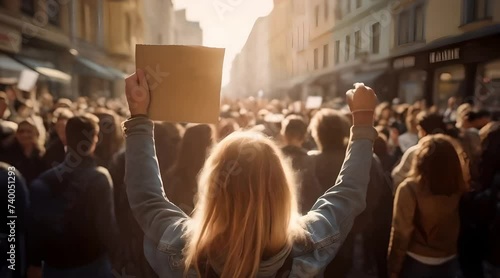 A young woman holding a cardboard protest sign at a protest march evoking a sense of empowerment