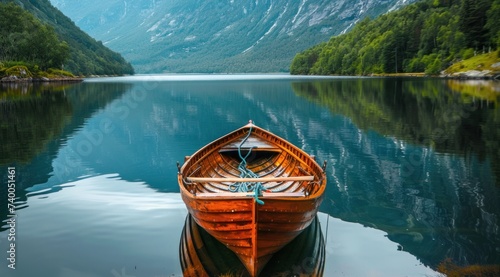 a wooden boat floating on a calm lake in norway,
