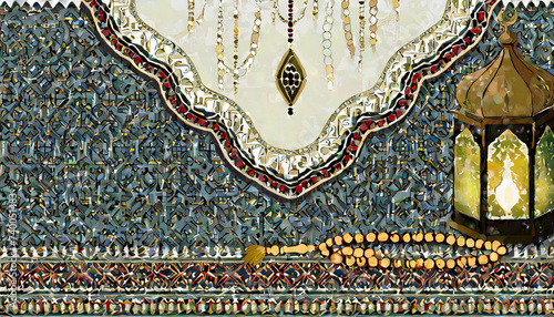 Ramadan ornamental background of mabuya, rug and prayer beads, wallpaper photo
