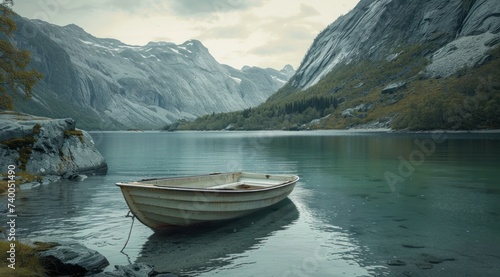 boat on a lake near mountains