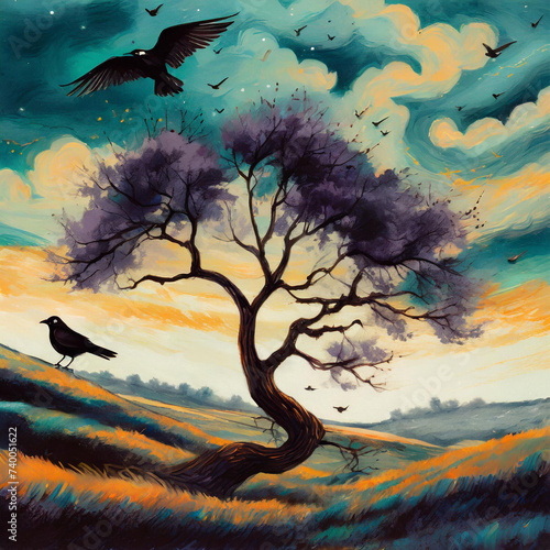 Tree in a landscape with a dramatic sky and soaring corvids © luis