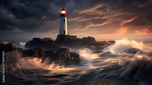 On a stormy night, a lighthouse guides the crashing waves under an ominous sky