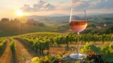 a chilled glass of rose wine in a tuscan vineyard, in morning sunrays, 
