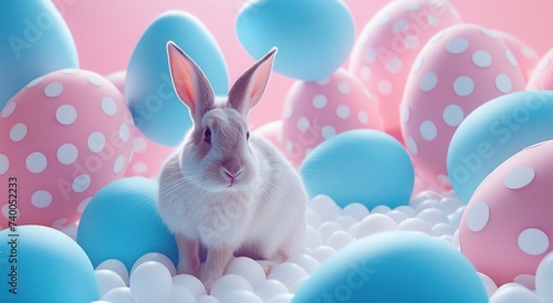 an easter rabbit stands next to some blue and pink eggs