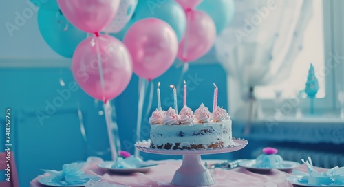 birthday cake with colored balloons on a table