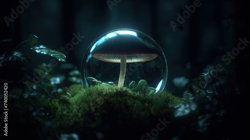  glass orb containing a magical glowing neon magical mushroom in a dark somber forest
