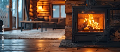 A black metal wood burning stove provides warmth in a cozy country log cabin during the cold evening. photo