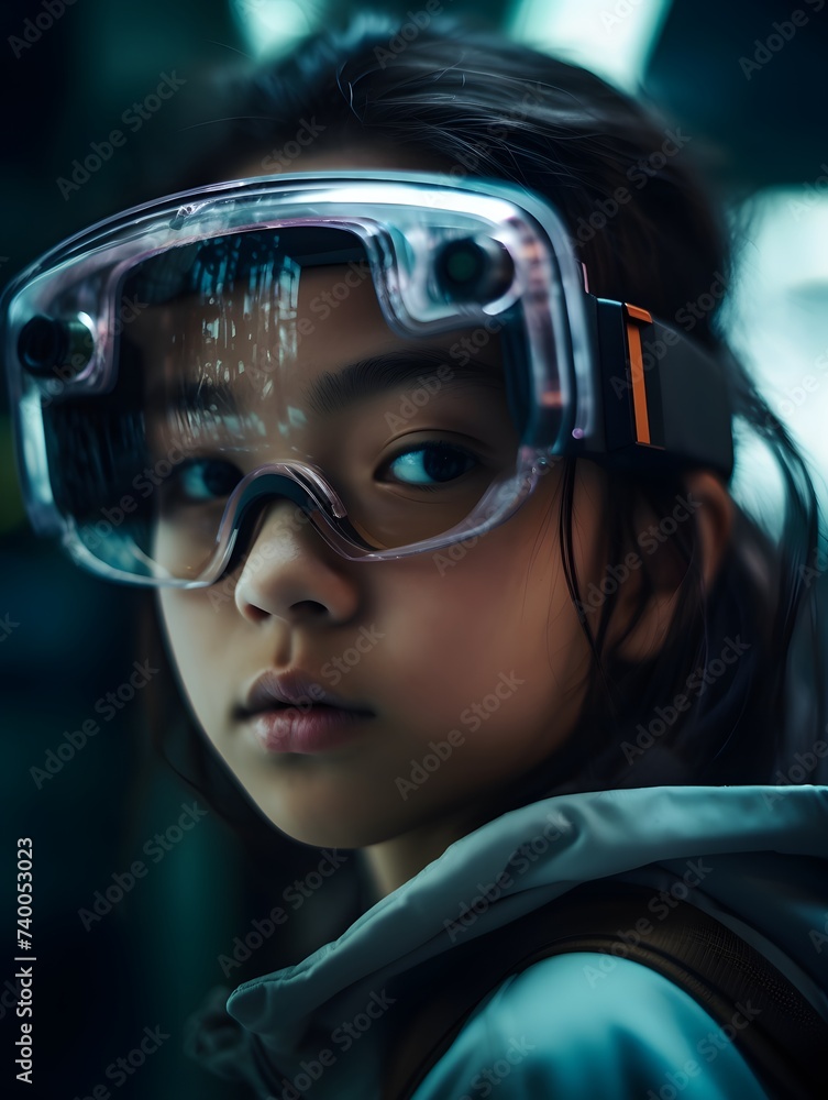 young girl's face adorned with futuristic VR glasses young girl's face adorned with futuristic VR glasses