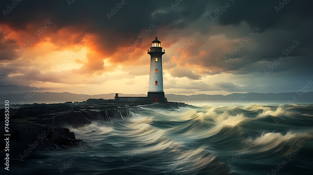 On a stormy night, a lighthouse guides the crashing waves under an ominous sky